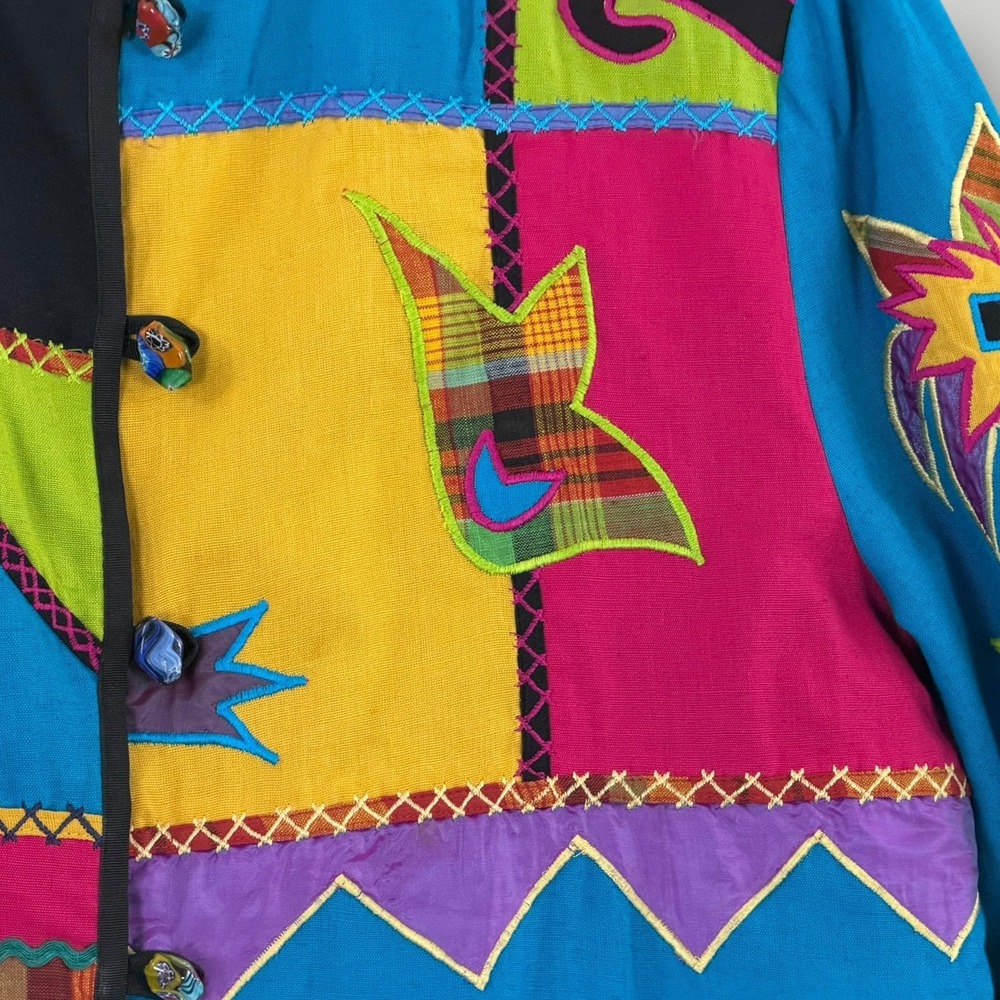 Julia Kim Jacket Womens L Multicolor Embroidered Patchwork Unique Button Front - Picture 2 of 7
